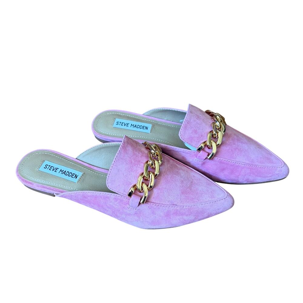 New - Steve Madden Finn Chain Pointed Toe Mules in Pink Suede